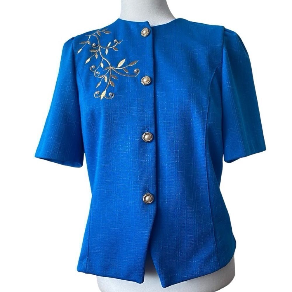 Vintage Pablo Collection Blue Short Sleeve Jacket Pearl Gold Embroidered